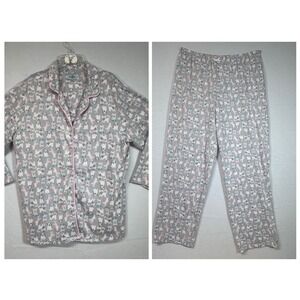 BH‎ PJs Womens L Gray Pink Dog Cat Print Pajama Set Sleepwear Loungewear